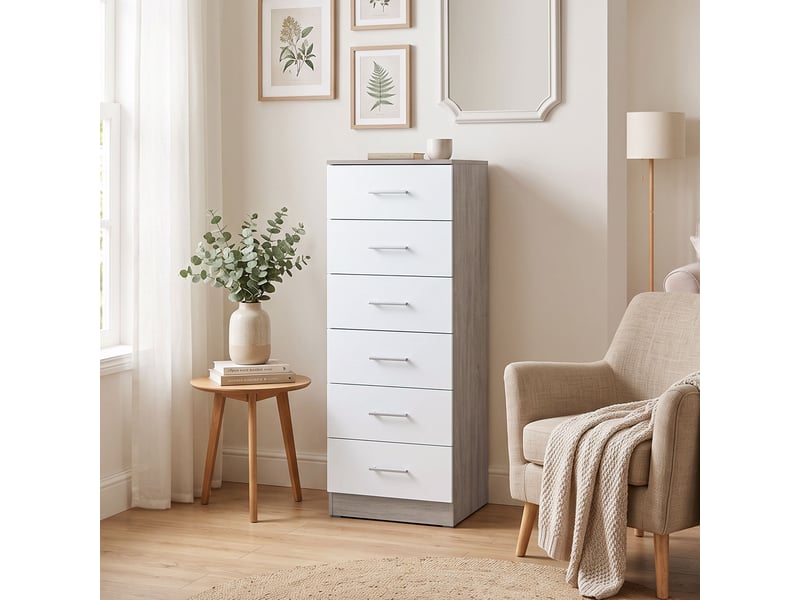  Commode à 6 tiroirs, commode haute de chambre avec dispositif anti-basculement, 40 x 40 x 110 cm, gris clair et blanc  - Conforama C