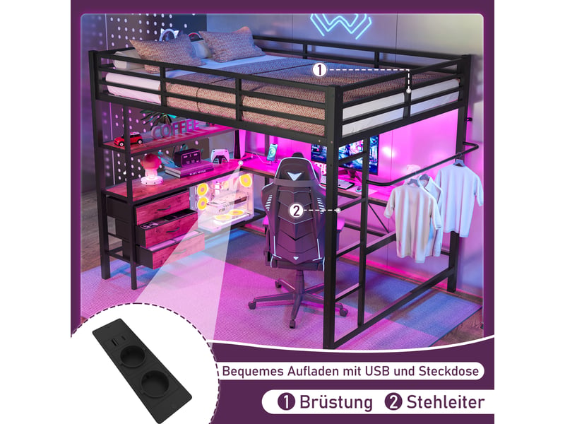 Lit mezzanine 140 x 200 cm, lit enfant surélevé, 3 tiroirs, bureau intégré, étagères ouvertes, éclairage led, connectique usb, échelle, métal, noir Morn Vibe - Conforama E