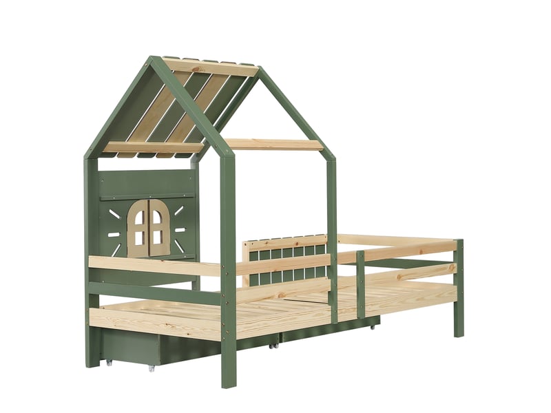  Lit cabane enfant 90x200 cm avec toit, fenêtre et 2 tiroirs, bois et mdf, vert et naturel, sans matelas  - Conforama A