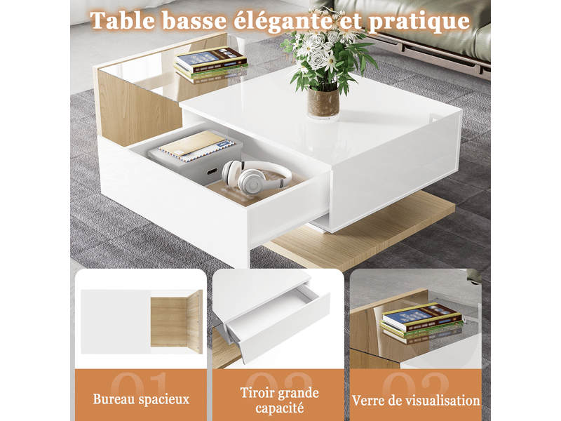  Table basse combinant blanc brillant et tons bois. Tables d'appoint et tables basses avec verre et éclairage led.  - Conforama D