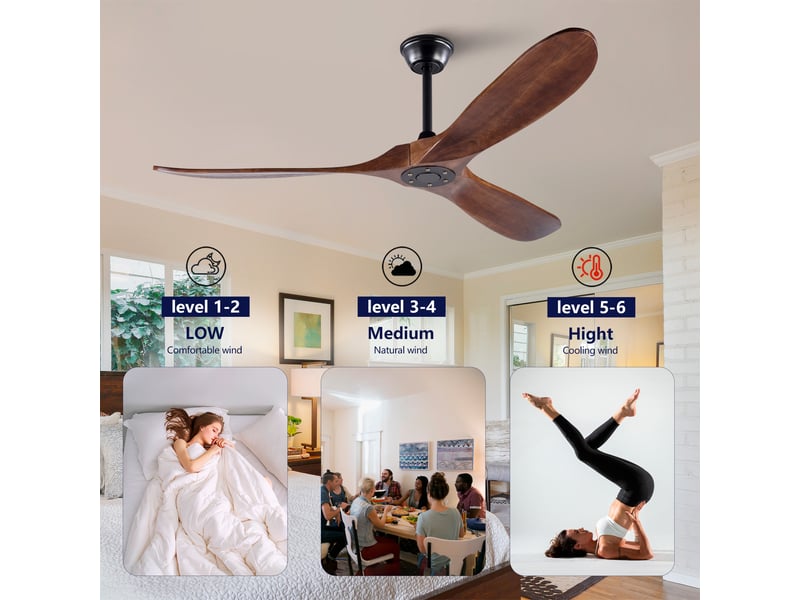  Ventilateur de plafond 152 cm sans éclairage, pales en bois, moteur dc silencieux, télécommande, réversible, pour intérieurextérieur couvert  - Conforama C