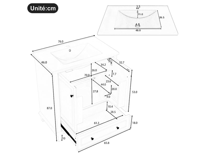  Meuble salle de bain noir 76 cm avec meuble vasque céramique et pieds bois massif  - Conforama E