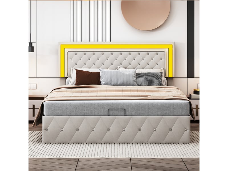  Lit coffre hydraulique 160 x 200 cm-beige - lit double rembourré en velours avec tête de lit lumineuse et capitonnage  - Conforama C