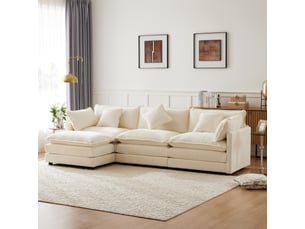Canapé d’angle modulable en l 3 places avec méridienne, tissu chenille, assise double couche, coussins, pour salon - beige