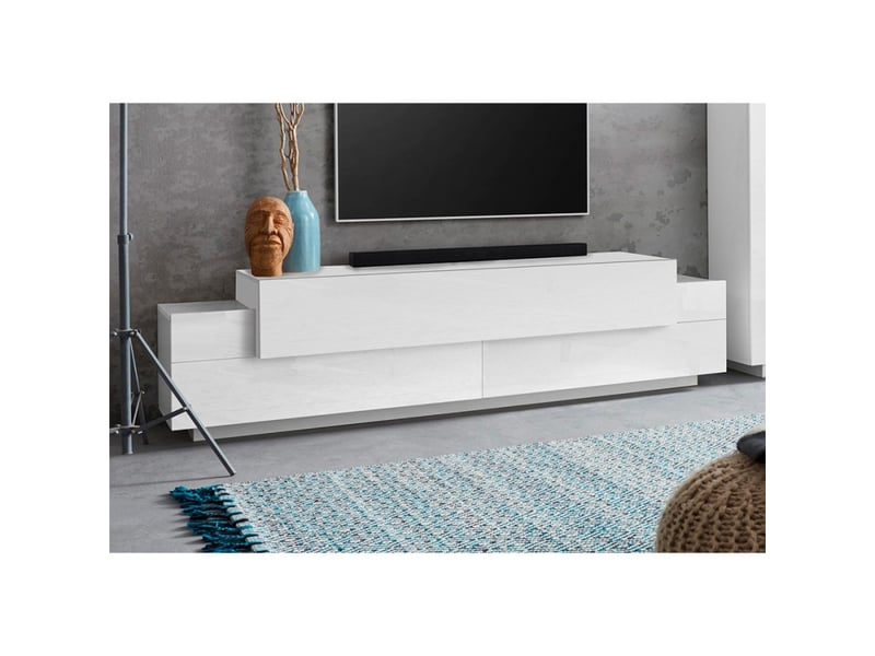 Meuble tv de salon blanc 200cm 4 placards et 3 portes corona low lacq  - Conforama F