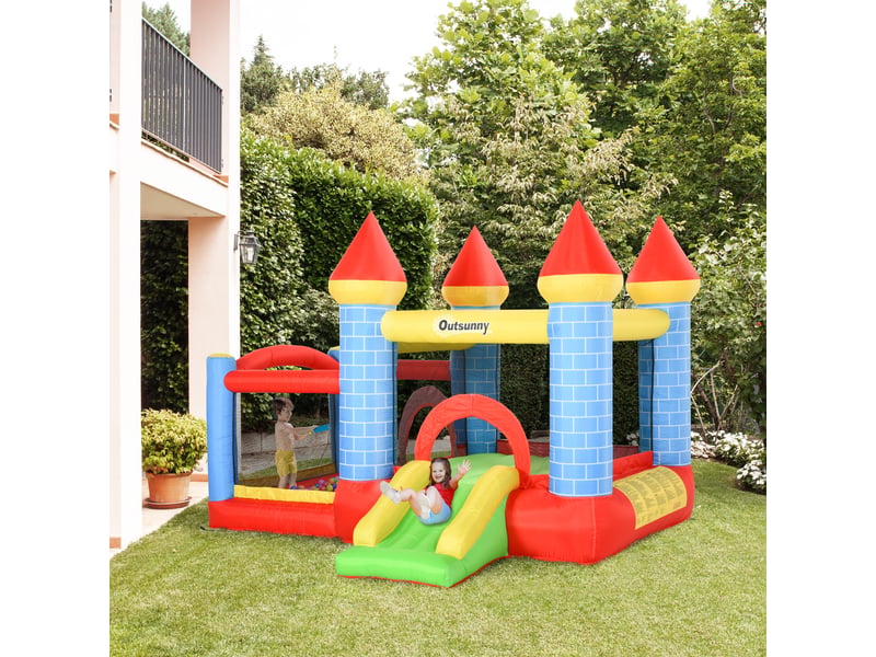  Château gonflable enfants, toboggan, matelas, gonfleur, sac, int.ext., 280x260x210 cm, multicolore.  - Conforama C
