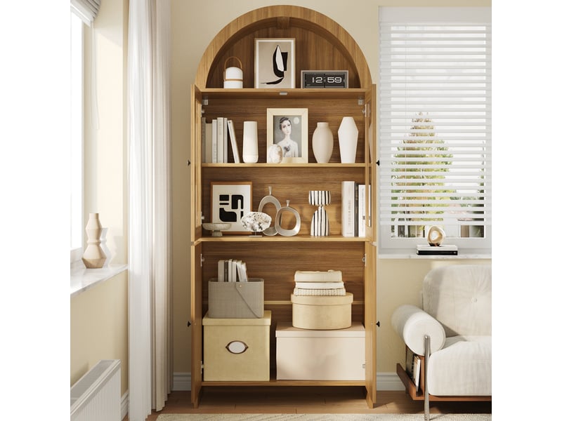  Vitrine haute décor bois 78x40x176 cm, sommet arrondi, portes vitrées et façades striées Fay Lum - Conforama E