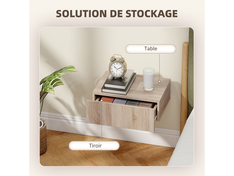  Lot de 2 tables de chevet murales, tables de nuit suspendues avec tiroir coulissant, chêne, 40 x 30 x 15 cm  - Conforama E