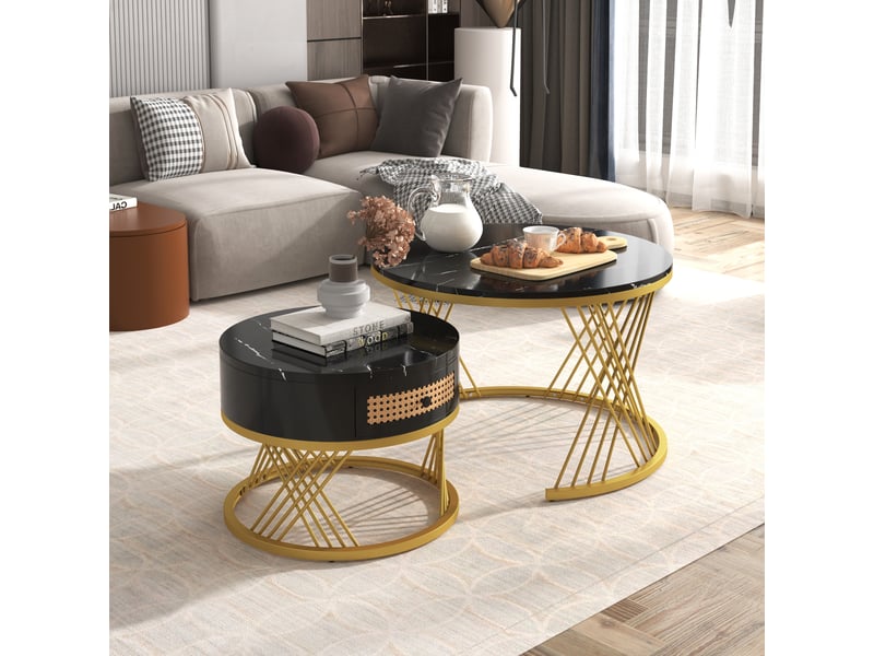  Tables basses - tables gigognes rondes lot de 2, mdf imitation marbre, pieds métal robustes, style contemporain pour salon - noir et doré  - Conforama C