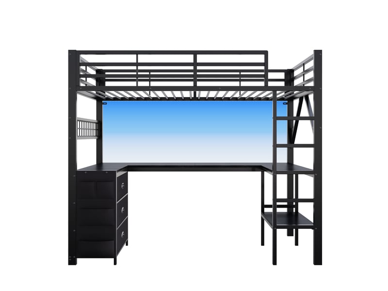  Lit mezzanine en métal pour gamer (90 x 200 cm) avec tiroirs, bureau, rangements et éclairage led, noir  - Conforama D