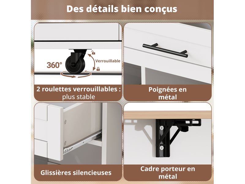 Desserte 138x45-70x92 cm avec plan de travail rabattable, îlot sur roulettes, pour cuisine, en mdf, blanc et naturel - Conforama E