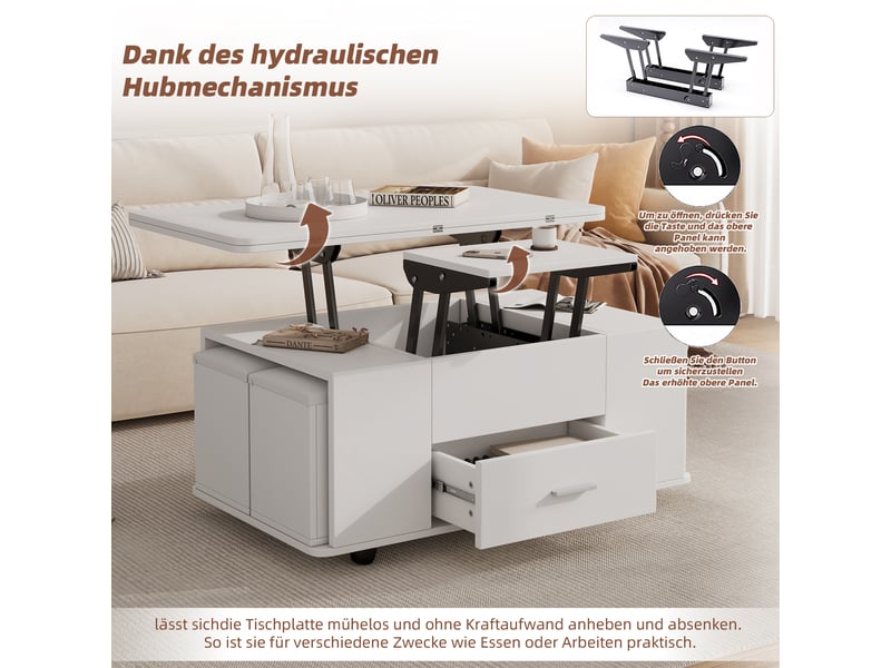  Table basse réglable en hauteur, table d'appoint mobile, table basse multifonctionnelle 4 en 1 transformable en table de salonsalle à manger, table basse avec tiroirs, avec 4 tabourets, blanche 100x50x45cm - Conforama W