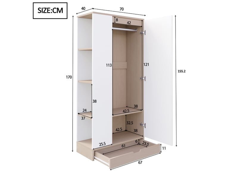  Armoire 1 porte avec étagères et tiroirs, bois et blanc, 70 x 40 x 170 cm  - Conforama C