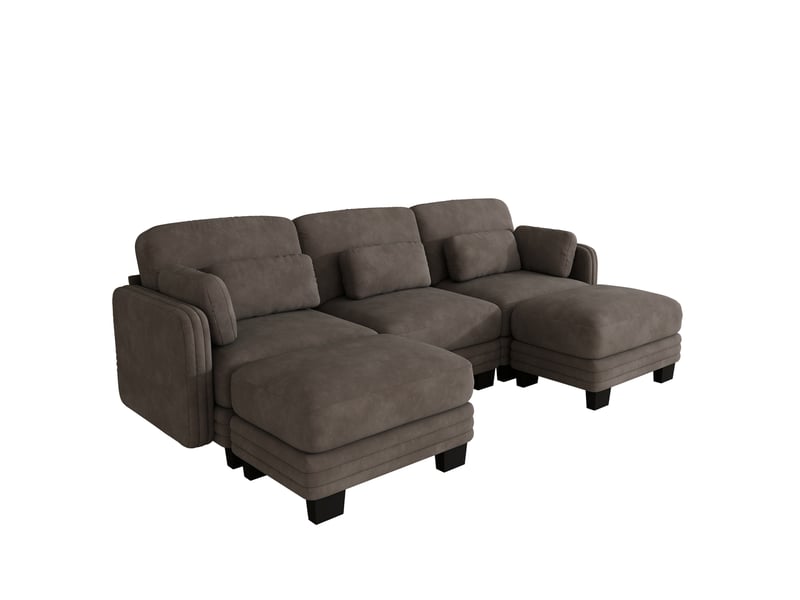  Canapé modulaire en u 3 places 253x143x88 cm, style contemporain sobre, design ergonomique, 2 poufs, tissu en chenille, marron  - Conforama A