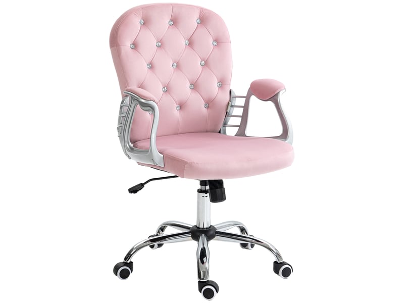  Chaise de bureau en velours rose, réglable en hauteur, avec accoudoirs et ornements en forme de diamant, 59,5 x 60,5 x 93-103 cm  - Conforama A