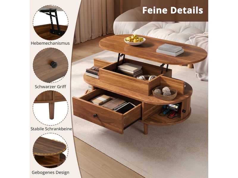  Table basse ovale relevable avec rangement - lpospi - plateau à gaz, tiroir et portes coulissantes mdf noyer  - Conforama E