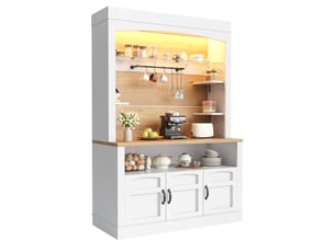 Buffet haut de cuisine 101,5x40x174 cm avec plan de travail, éclairage led, étagères réglables, 6 crochets et 3 tablettes latérales, blanc