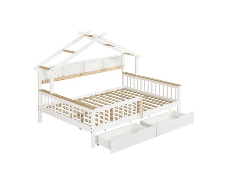  Lit enfant en pin et mdf blanc ou naturel 140x200cm avec toit, barrière, étagère 2 m et 2 tiroirs à roulettes  - Conforama A