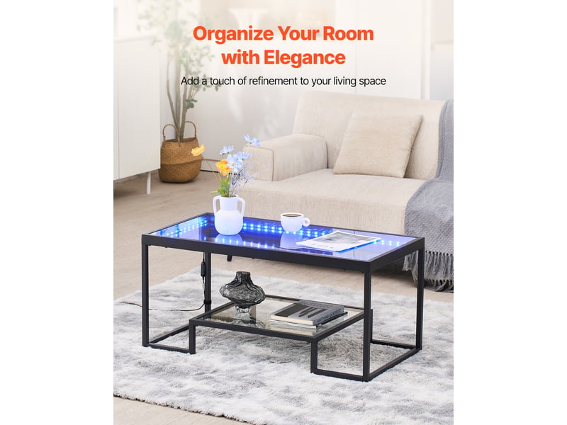  Vevor table basse en verre trempé 2 niveaux 100x51 cm, structure métal noire, étagère ouverte et éclairage led intégré ZH630 - Conforama B