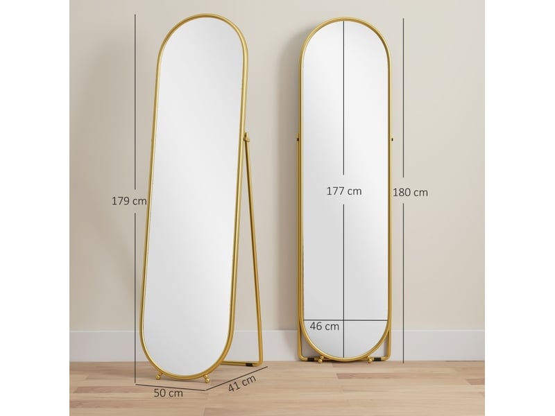  Miroir simple sur pied ovale avec support rabattable et cadre en métal, à poser dans la chambre, doré, 50 × 180 cm  - Conforama D
