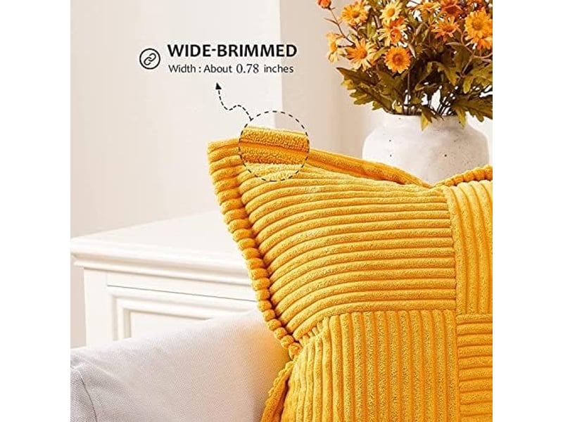  Housse coussin 45 x 45 cm enfant jaune moutarde motif à rayures croisés housses de coussin automne decoration salon de jardin exterieur bureau, lot de 2  - Conforama C