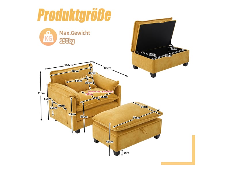  Fauteuil de détente 103x85x91 cm, avec pouf, sac de rangement, tissu chenille, jaune Cozy Nook - Conforama C