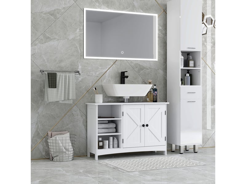  Meuble sous-évier autoportant à 2 portes et étagères anti-basculement réglables, style moderne, 90 x 30 x 60 cm, blanc  - Conforama C