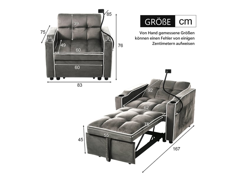  Canapé‑lit individuel 3‑en‑1 extensible 83 x 167 x 76 cm, fauteuil convertible avec porte‑gobelets et support pour téléphone Fay Lum - Conforama C