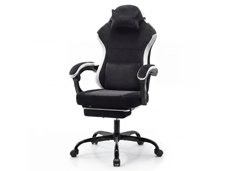  Fauteuil gaming inclinable réglable avec repose-pieds, noir et blanc en tissu  - Conforama A
