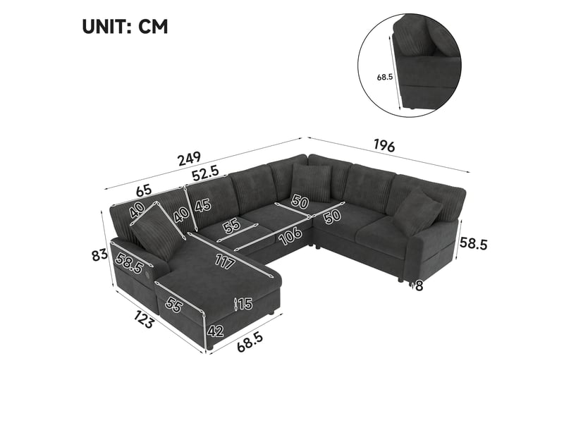  Canapé d’angle - 249 × 196 × 83 cm - usbtype-c - velours côtelé - gris CARDUME ESTIVAL - Conforama C