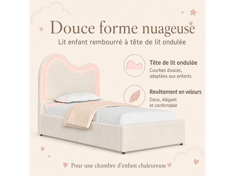  Lit enfant 90 × 200 cm avec coffre hydraulique, éclairage led réglable, tête de lit en velours, sans matelas beige  - Conforama E