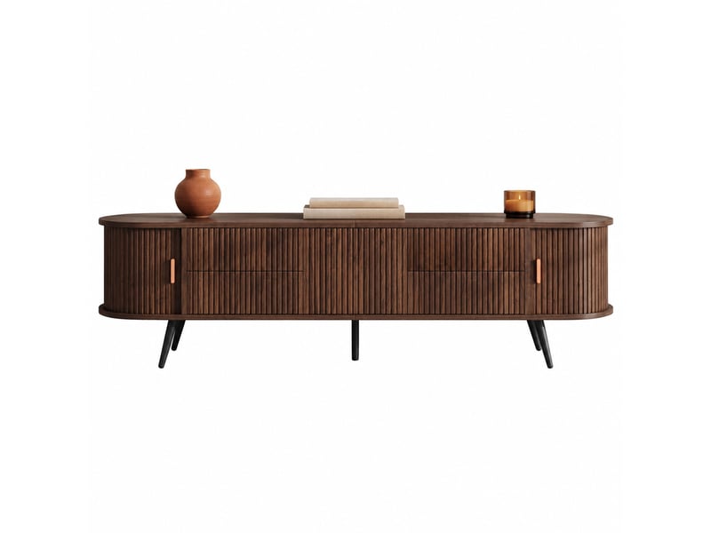  Meuble tv ovale 180x40x45 cm, noyer, aggloméré, jusqu'à 80 pouces, bas à poser, meuble de salon, 4 tiroirs et 3 portes  - Conforama A