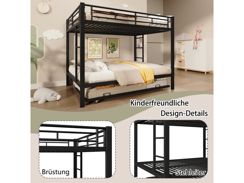 Lit superposé gigogne enfant 140x200 cm en métal avec lit tiroir 90x190 cm, barrières de sécurité, lit extensible gain de place - noir - Conforama E
