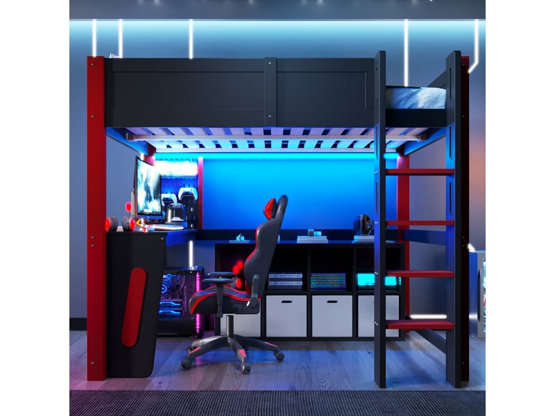  Lit mezzanine enfant en bois 140x200 cm lit adolescent adulte lit double avec bureau panneau perforé bande led, noir  - Conforama D