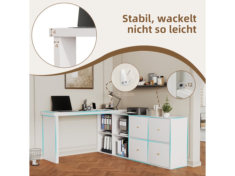  Bureau d'angle pivotant 360°, bureau en l blanc avec rangements, table informatique modulable avec 4 tiroirs et 4 compartiments.  - Conforama R