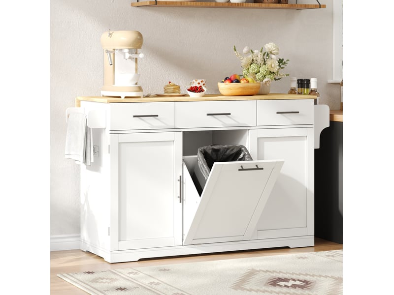 Desserte de cuisine avec 3 tiroirs, 2 portes, poubelle intégrée et prises usb, pour cuisine, mdf blanc et bois naturel - Conforama C