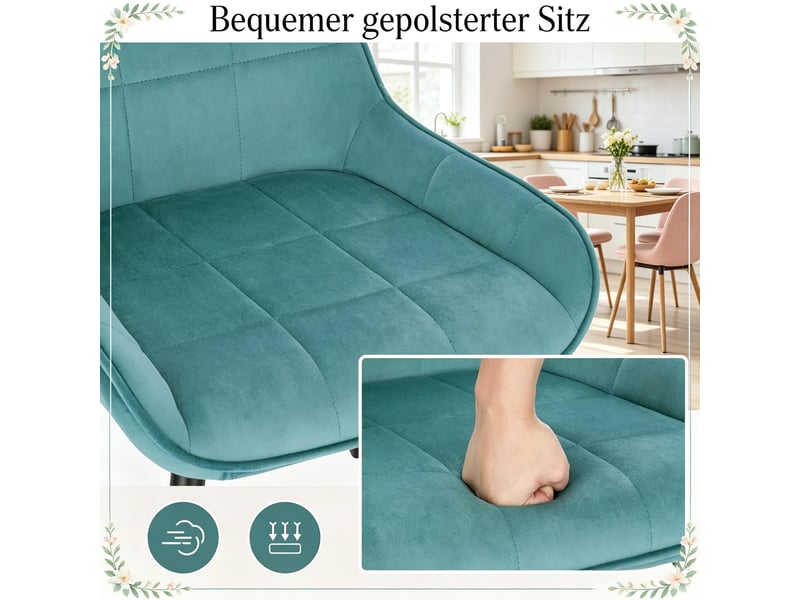 Lot de 4 chaises de salle à manger,43x52,5x81,5 cm,velours,turquoise - Conforama E