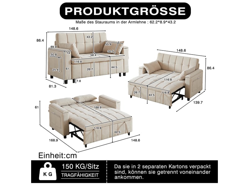 Canapé convertible, canapé-lit, 2 places, en chenille, rangements dans les accoudoirs, structure métallique, poches latérales - Conforama D
