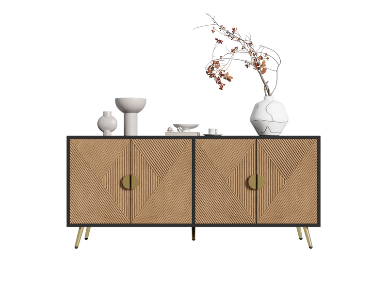  Buffet 160 x 40 x 75 cm noir et bois, 4 portes, poignées dorées brossées pour salon  - Conforama A