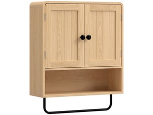 Armoire murale de salle de bain, meuble de rangement suspendu avec 2 portes, étagère ouverte, porte-serviettes, chêne