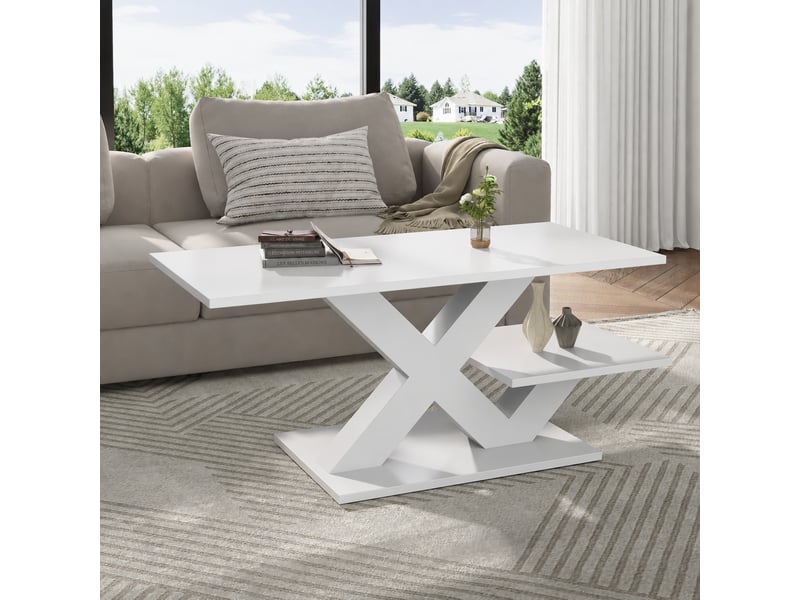  Table basse blanche rectangulaire à deux plateaux avec pieds en x, effet brillant, 100 x 48 x 45 cm  - Conforama B
