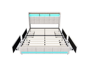 Lit double adulte 180x200 cm avec 4 tiroirs et led rgb, king size, tête de lit avec étagère et ports usb, lit capitonné en lin, beige