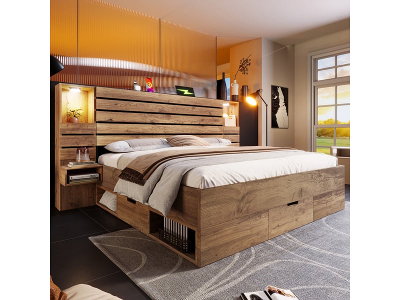  Lit double 180x200 cm en bois avec led, tiroirs de rangement et tables de chevet suspendues, éclairage intégré usb-c, design chêne - chêne (sans matelas)  - Conforama C