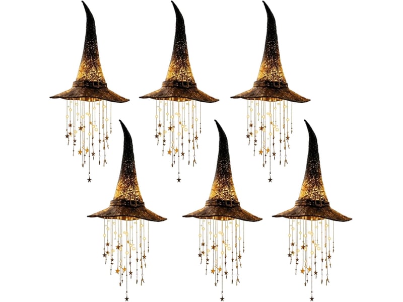  6 pièces décoration halloween suspendue, chapeau de sorcière lumineux led avec étoiles en cascade pour intérieur et extérieur  - Conforama A