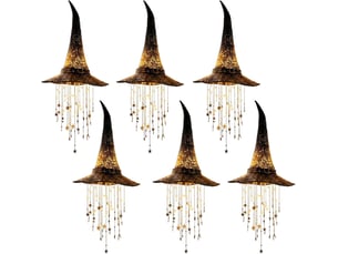 6 pièces décoration halloween suspendue, chapeau de sorcière lumineux led avec étoiles en cascade pour intérieur et extérieur