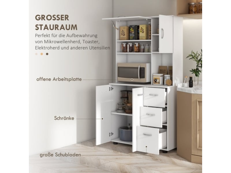 Buffet cuisine blanc, 3 tiroirs et 3 étagères, rangement spacieux, 89x39,5x168 cm, moderne - Conforama D