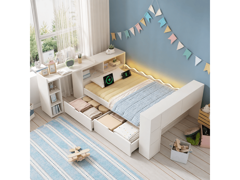 Lit combiné 90 × 200 cm avec bureau coulissant, 2 tiroirs, prises et led Fay Lum - Conforama D