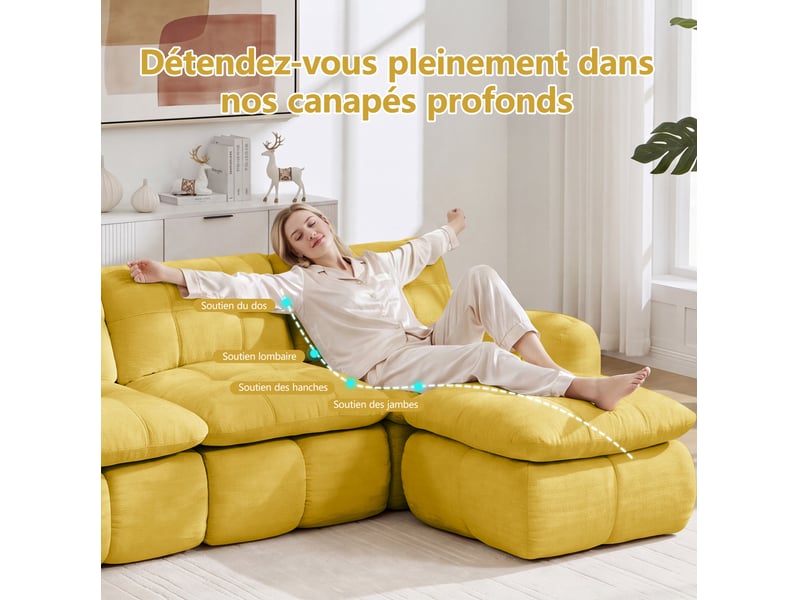  Canapé d'angle modulable 2 places avec ottoman en chenille jaune  - Conforama E