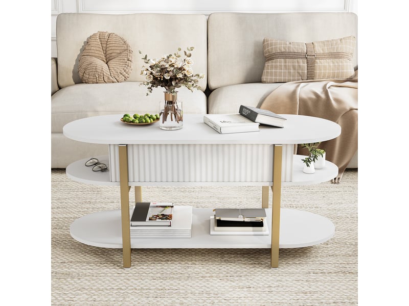  Table basse réglable en hauteur, plateau ovale, espace de rangement dissimulé, 106x50x45 cm, blanc  - Conforama D