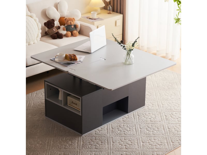 Table basse relevable rectangulaire gris - 51x100 cm panneau de particules table basse gris - Conforama E